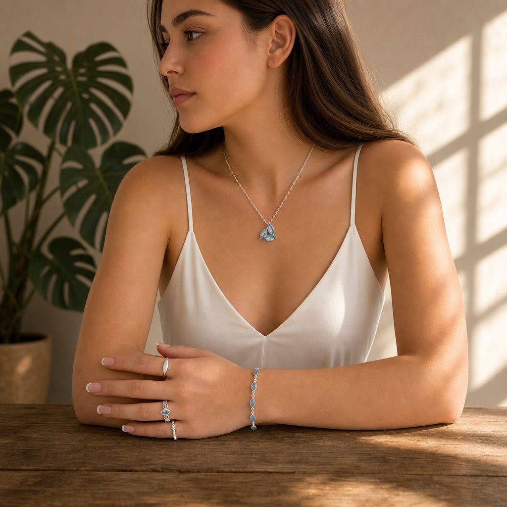 Kara blue topaz marquis swirl necklace