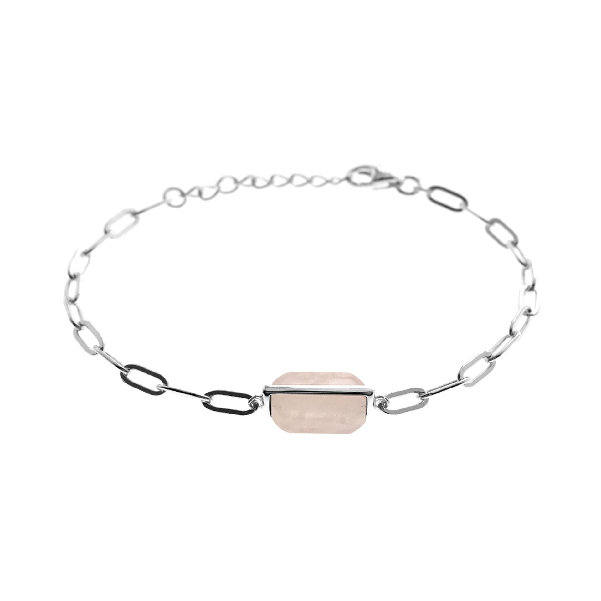 Elongated link bracelet with hexagonal rose quartz