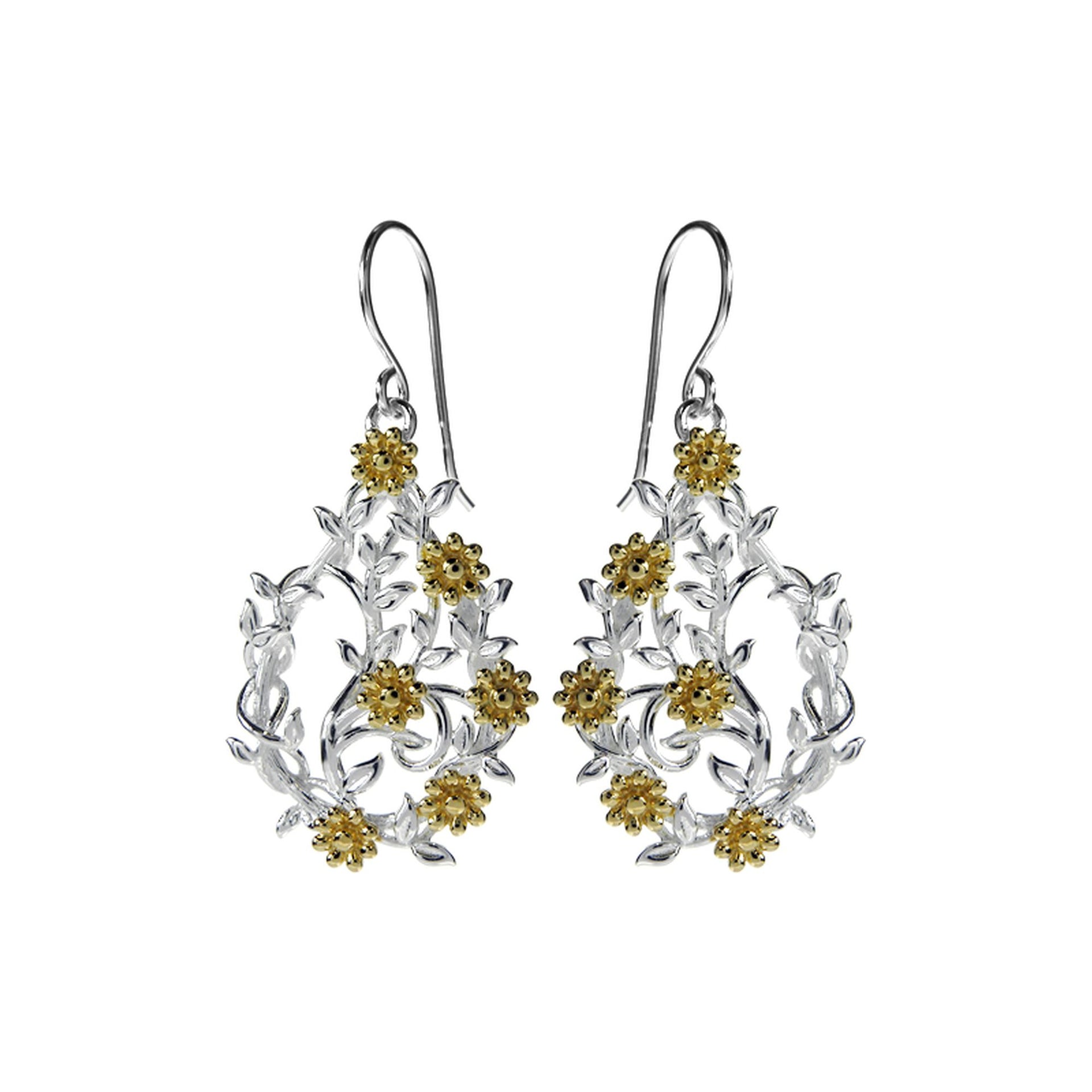 Teardrop climber earrings with yellow gold plated flowers
