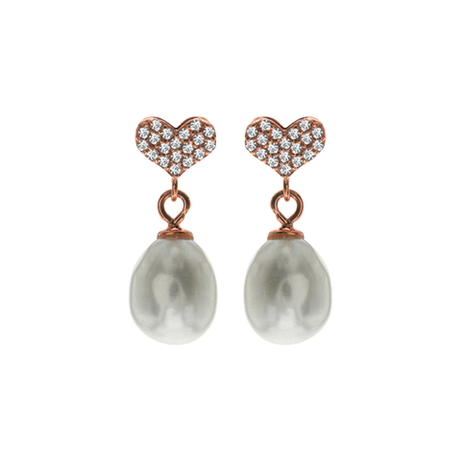 Rose gold plated earrings with CZ heart & oval pearl