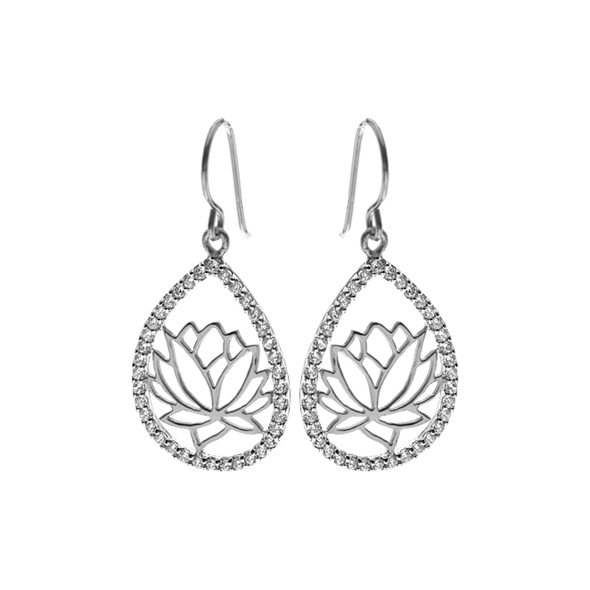 Open teardrop & lotus flower earrings with CZ