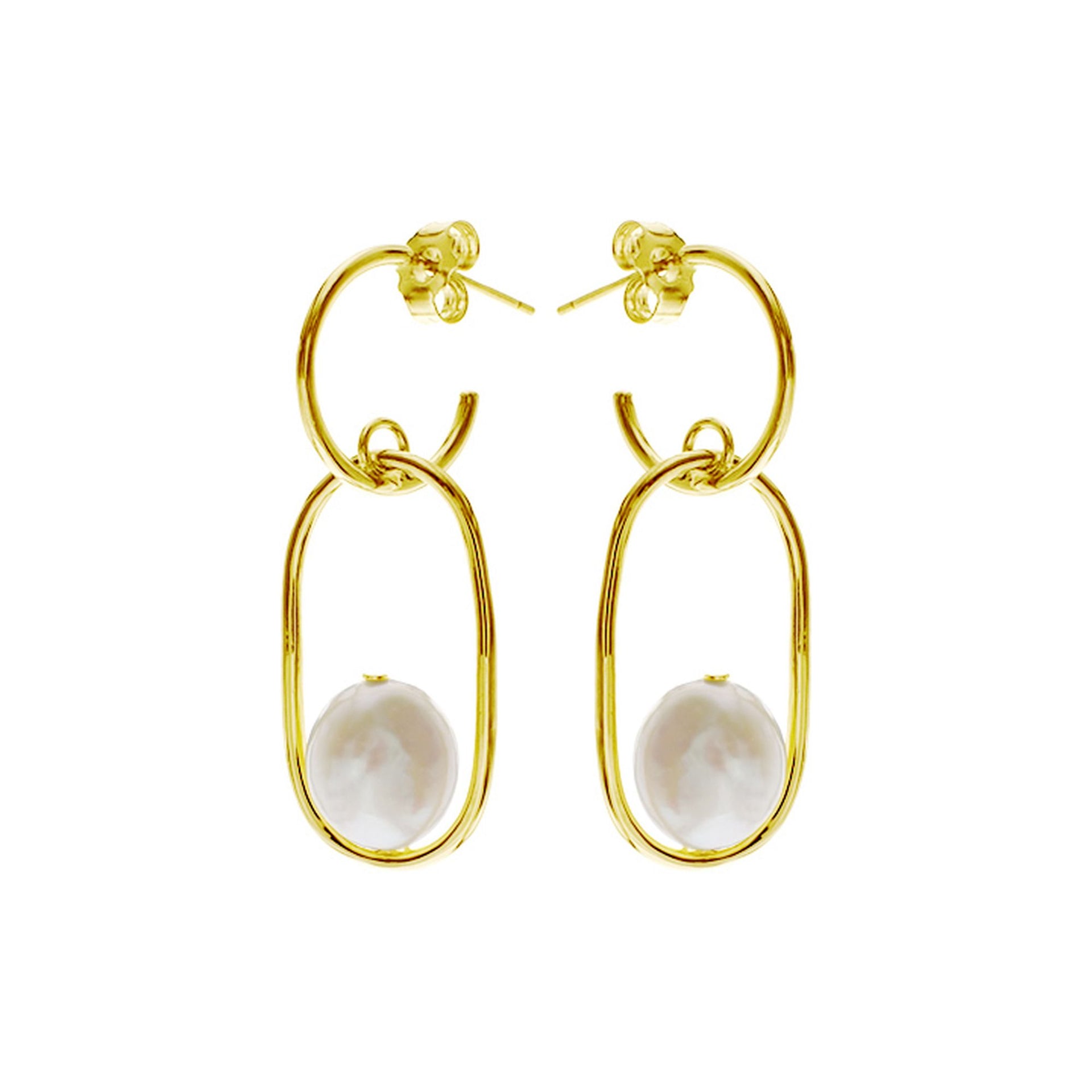 Yellow gold plated hoop & rounded rectangle with pearl