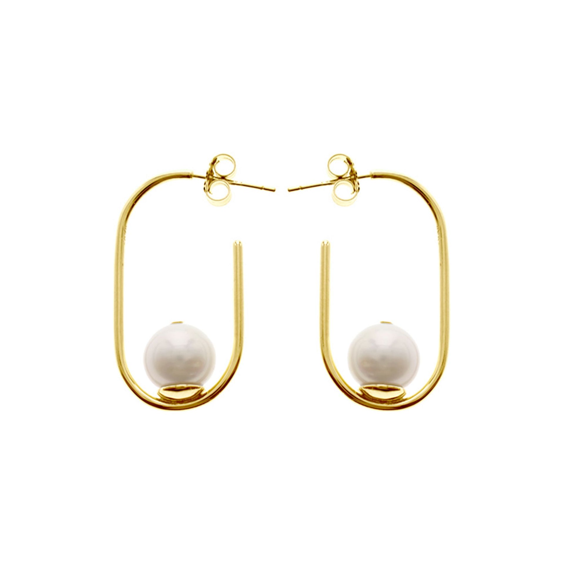 Gold plated stud top open round rectangle & pearl earrings