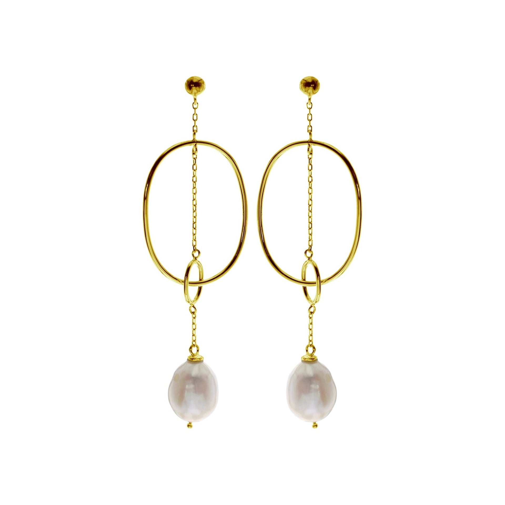 Gold plated stud top pendulum earrings with baroque pearl
