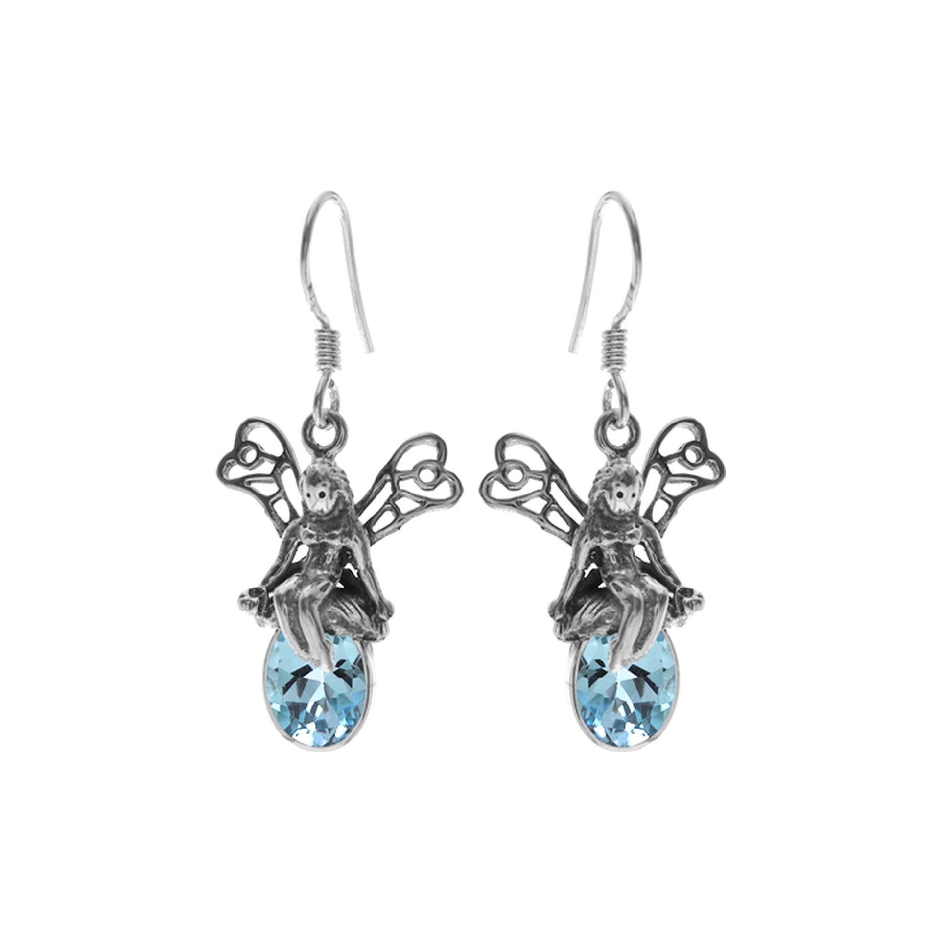 Oval blue topaz facet fairy earrings