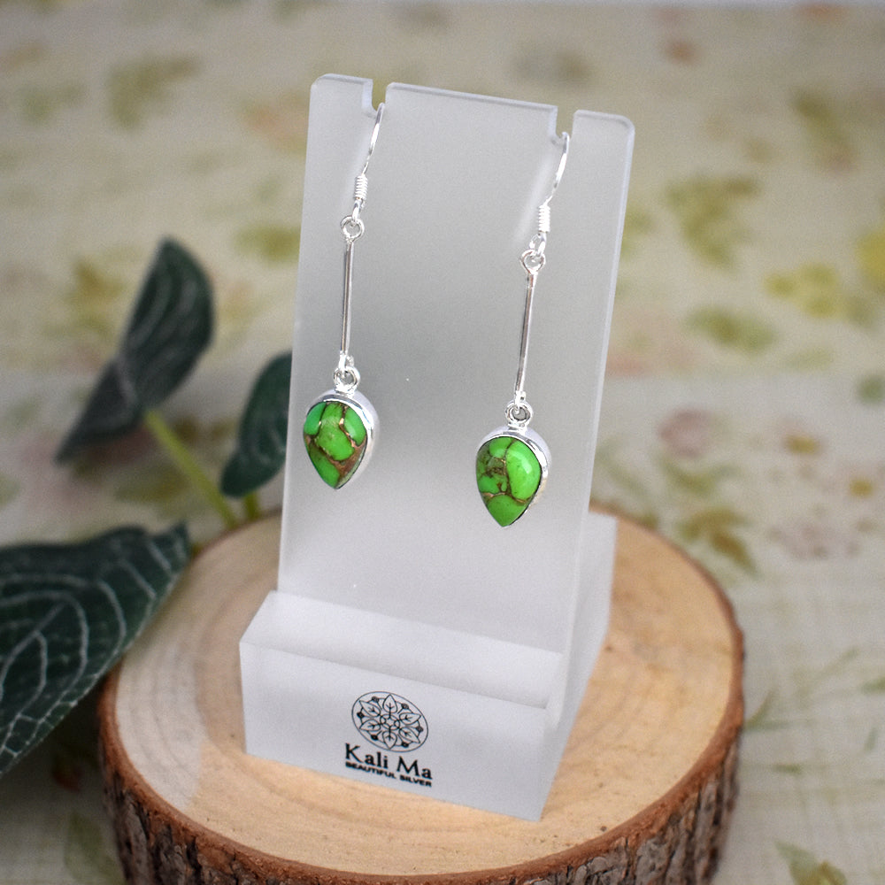 Samira long stem green mohave turquoise teardrop earrings