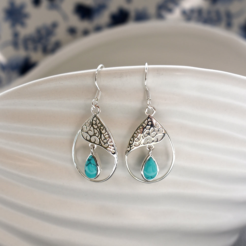 Tilly teardrop turquoise filigree earrings