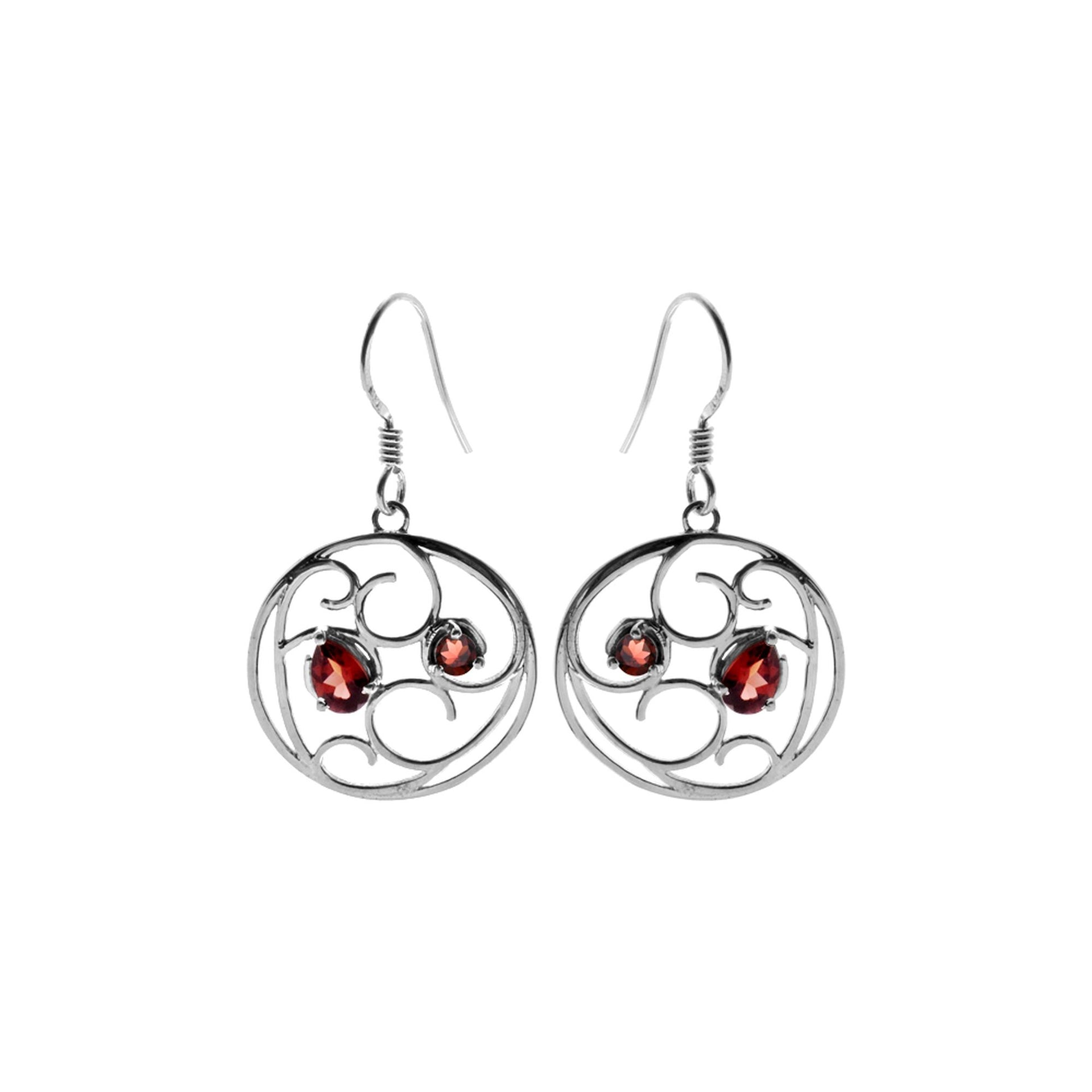 Lola round floral swirl garnet earrings