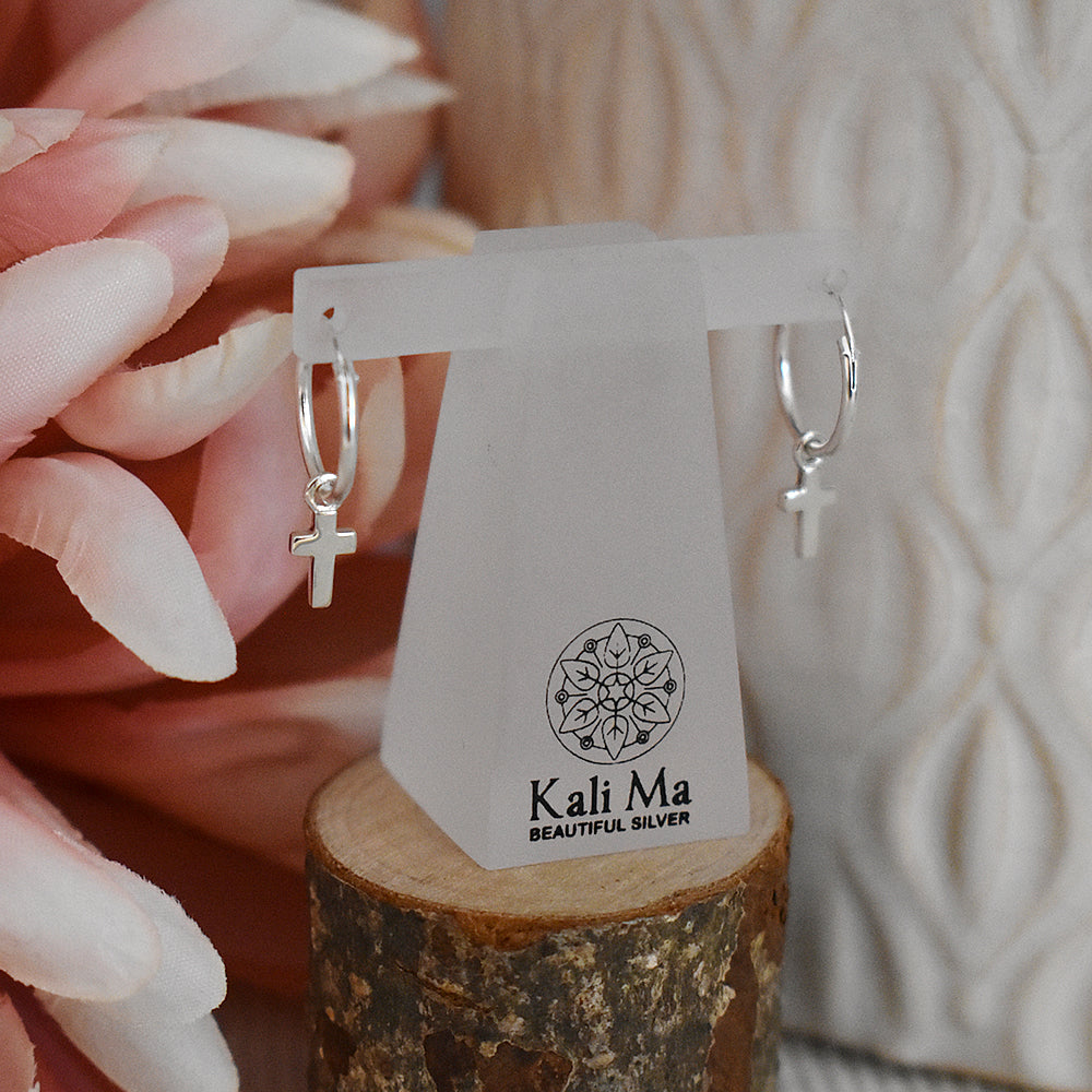 Smile hoop earrings with holy cross charm