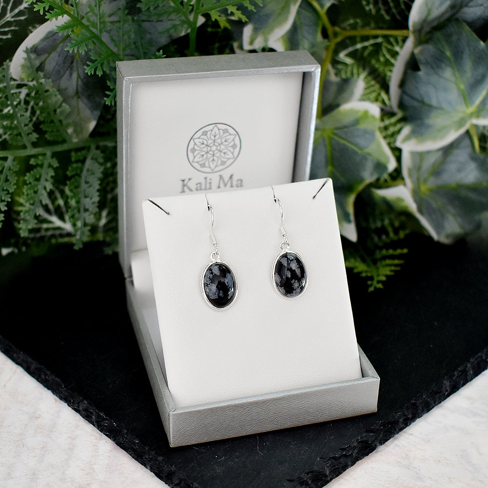 Bridget large oval snowflake obsidian earrings