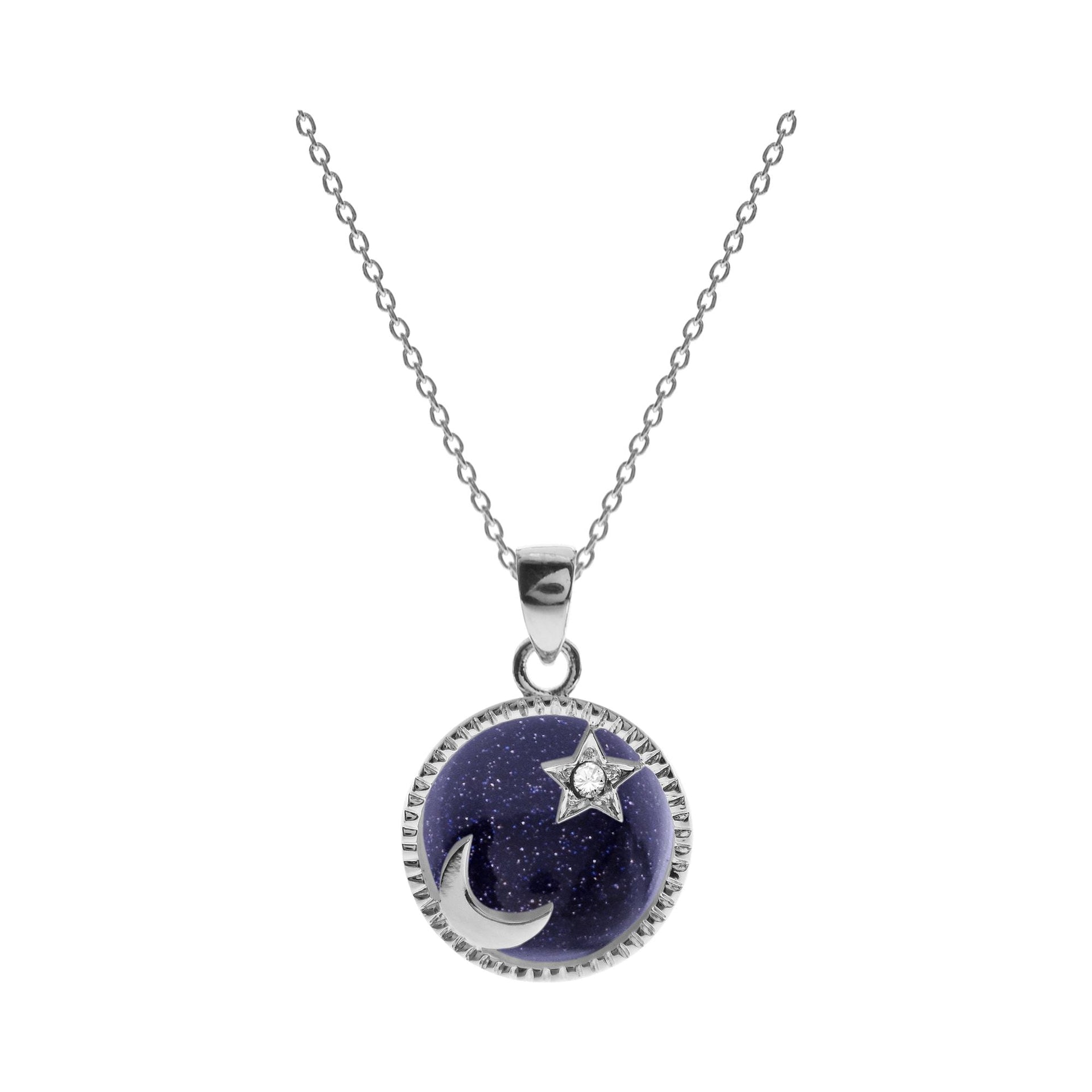 Bronwen blue goldstone with moon & CZ star motif necklace