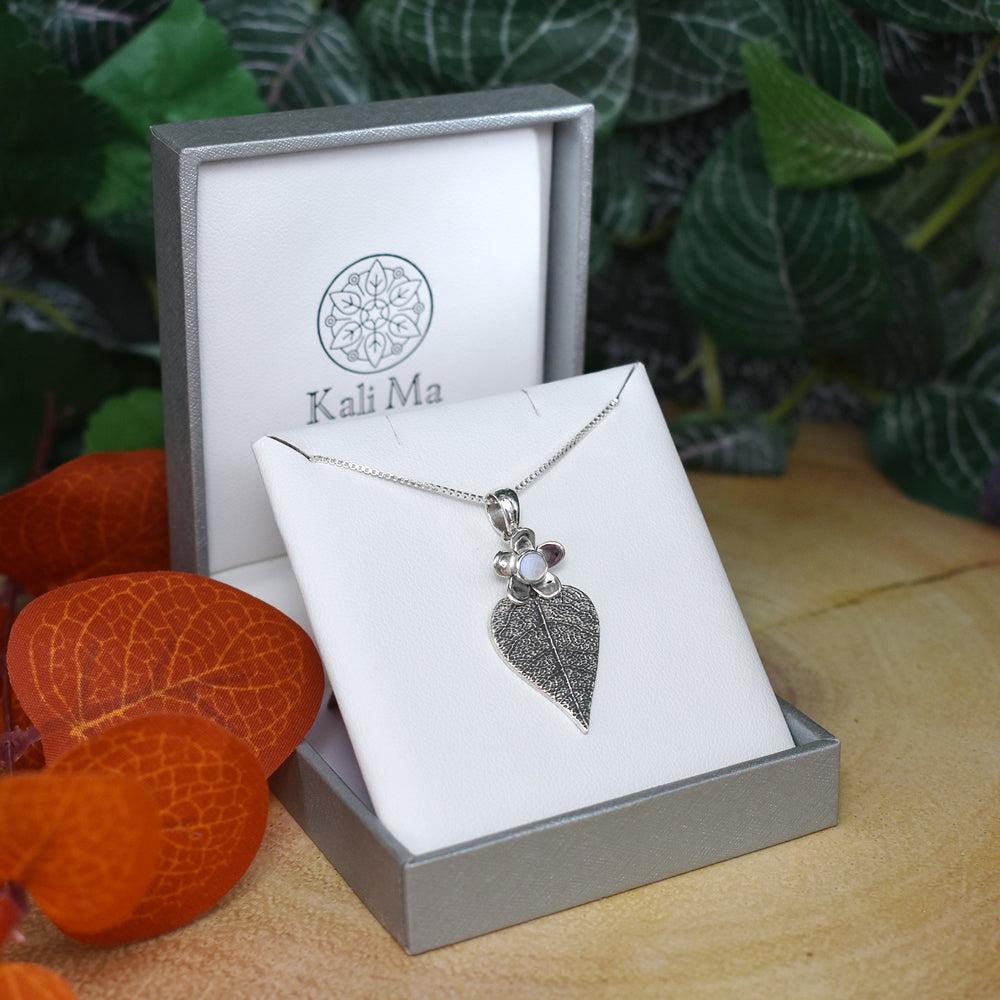 Catalina oxidised flower and leaf rainbow moonstone pendant