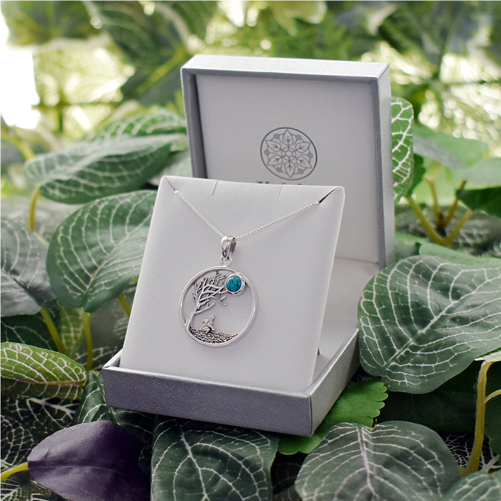Anabelle turquoise tree, hare and moon pendant