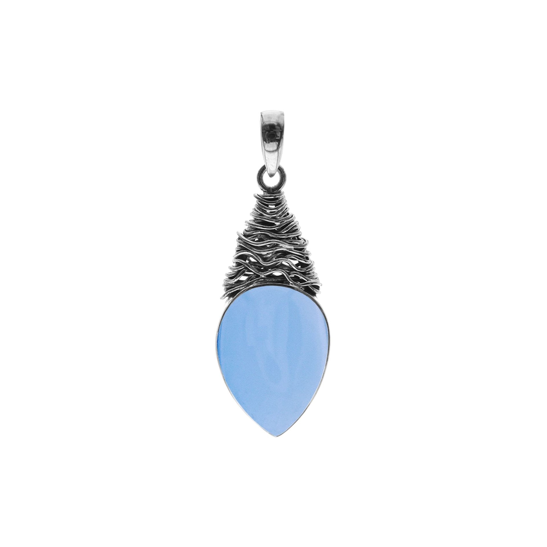 Large blue chalcedony teardrop with fretwork pendant