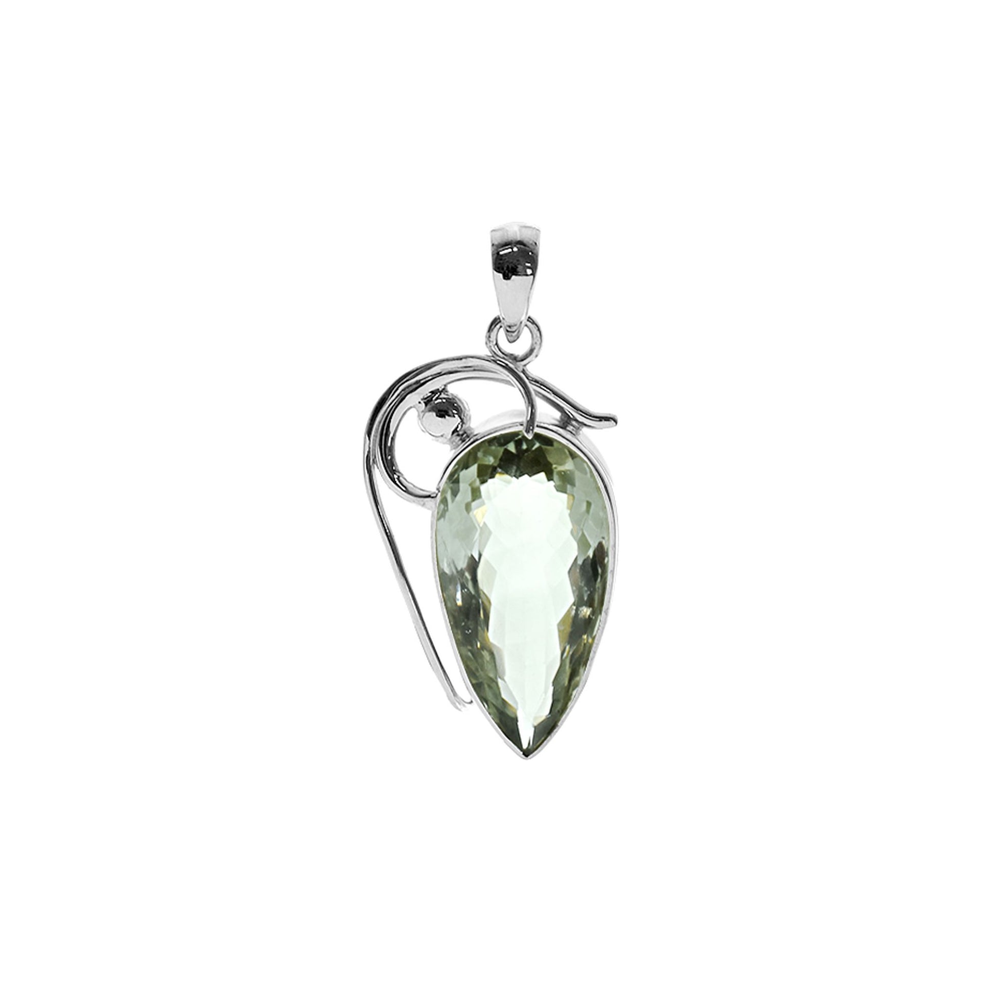 Elongated teardrop green amethyst pendant with wire detail
