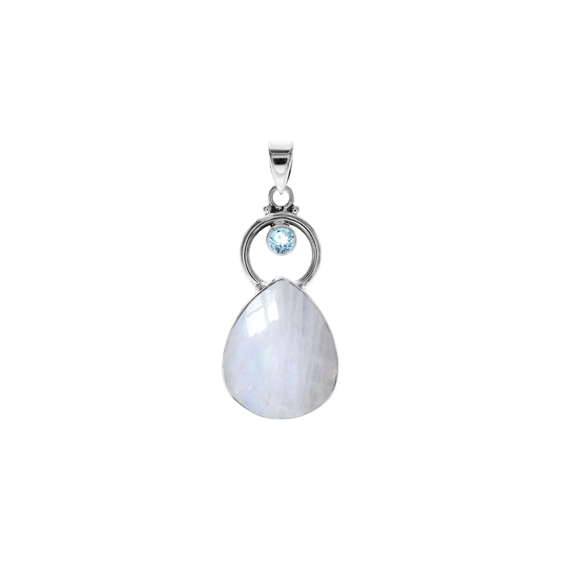Amy rainbow moonstone & blue topaz hoop pendant