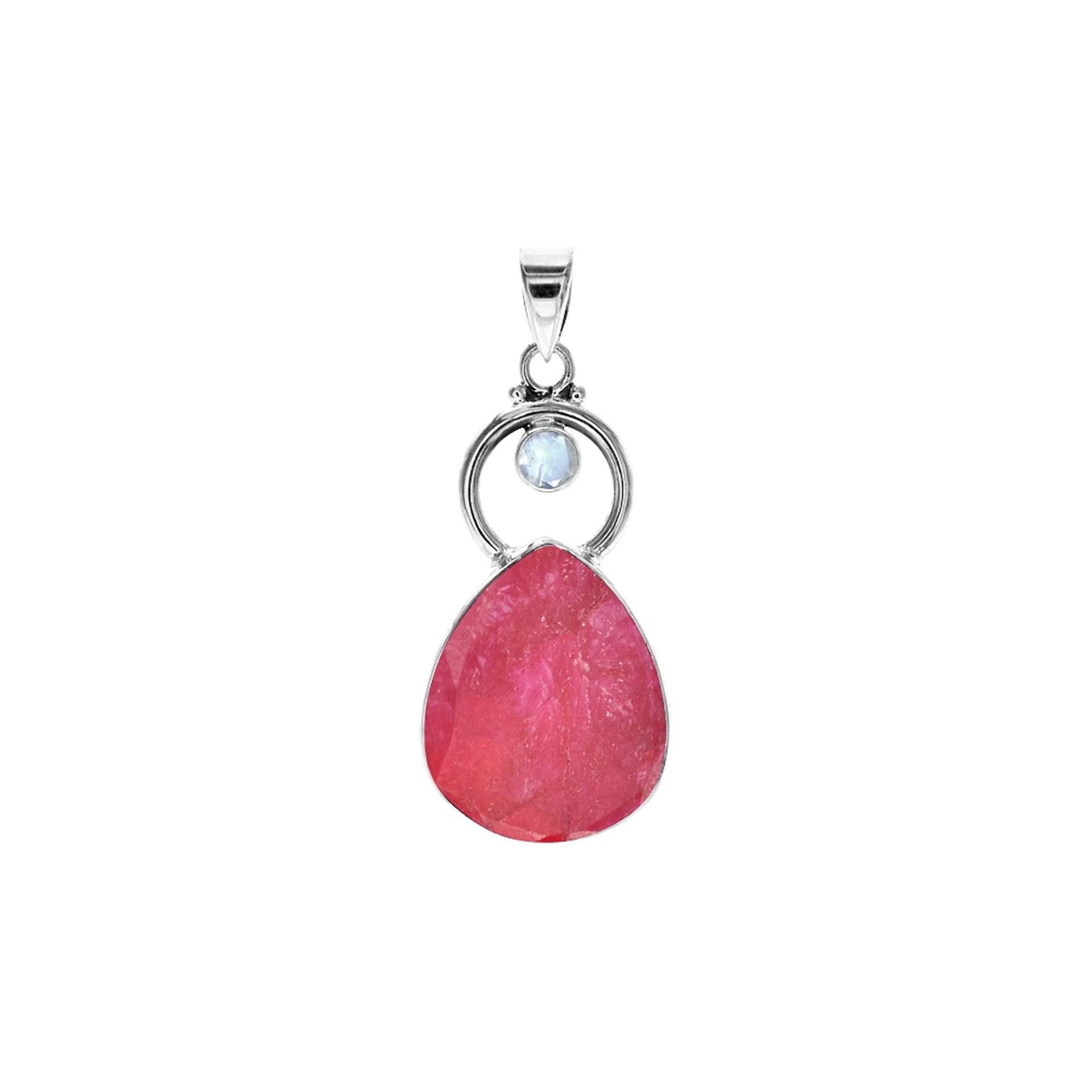 Amy ruby quartz & rainbow moonstone hoop pendant