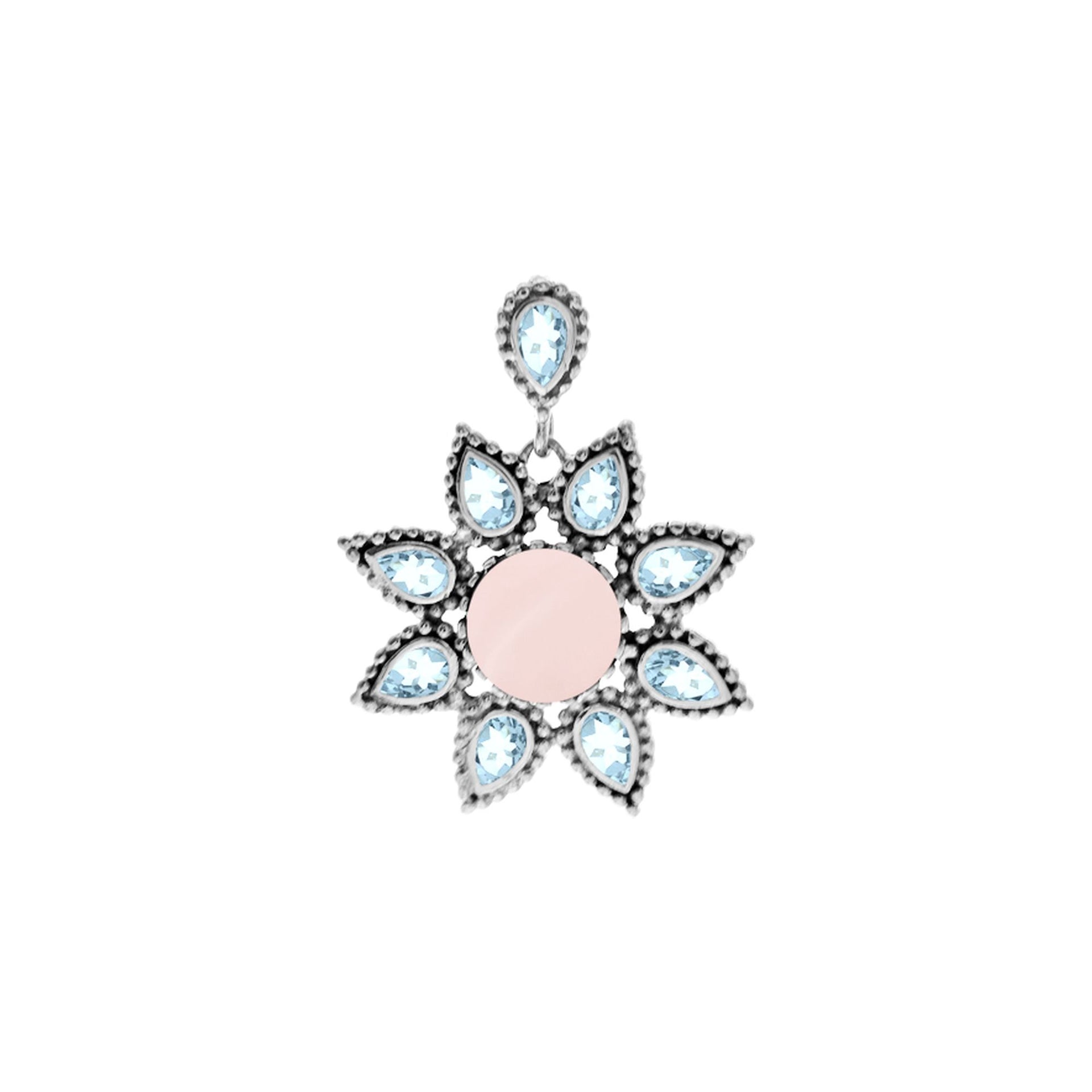 Isla rose quartz and blue topaz vintage flower pendant