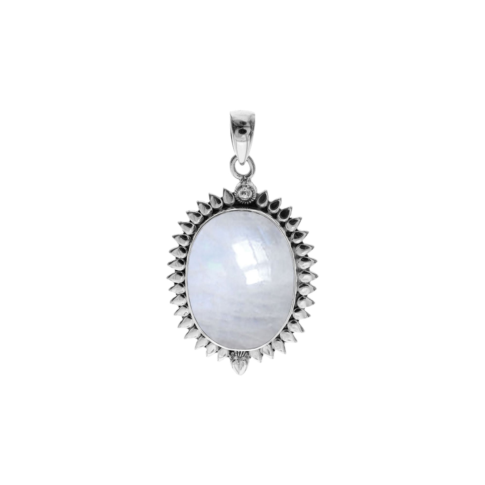 Lola oval rainbow moonstone petal surround pendant