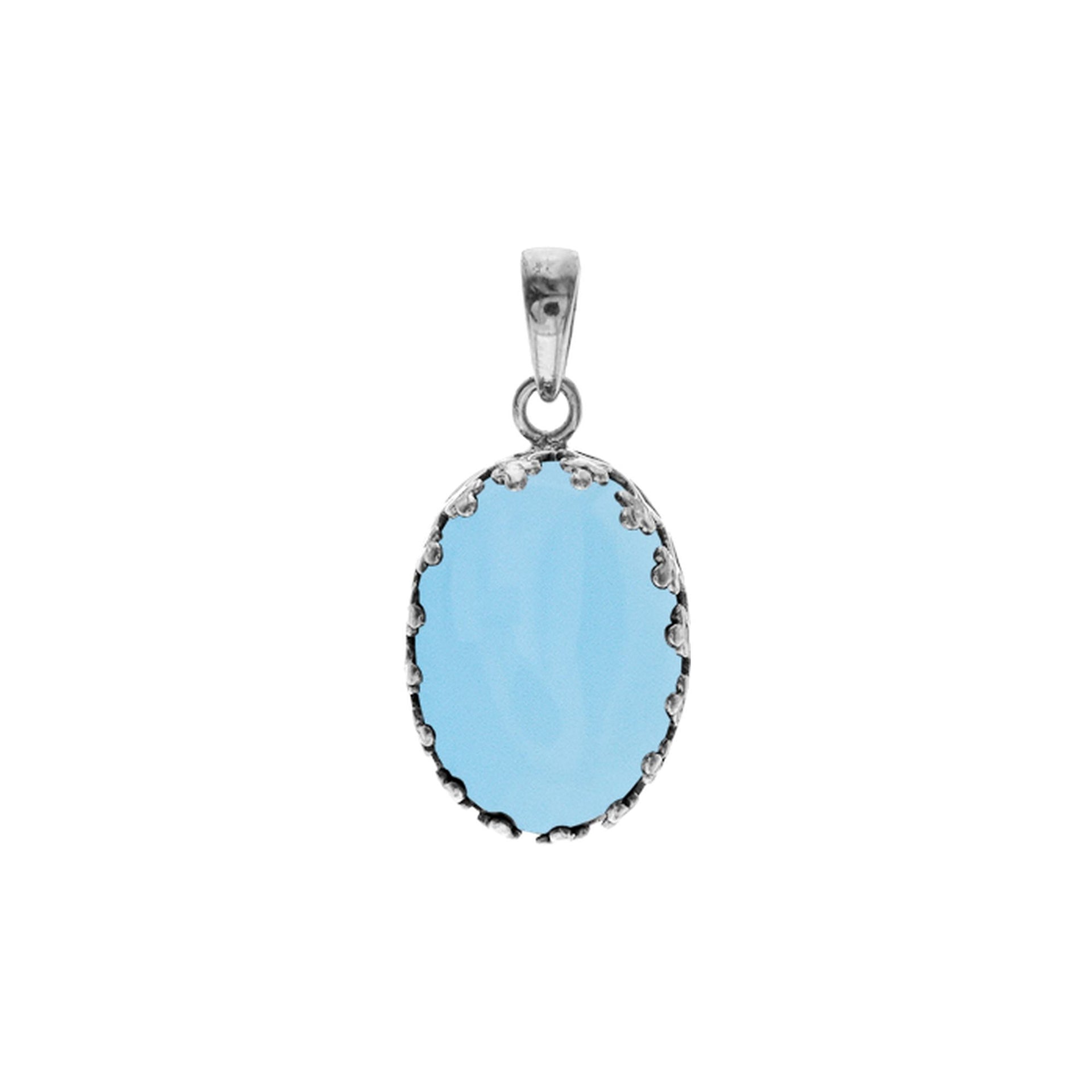 Oval blue chalcedony crown collet pendant