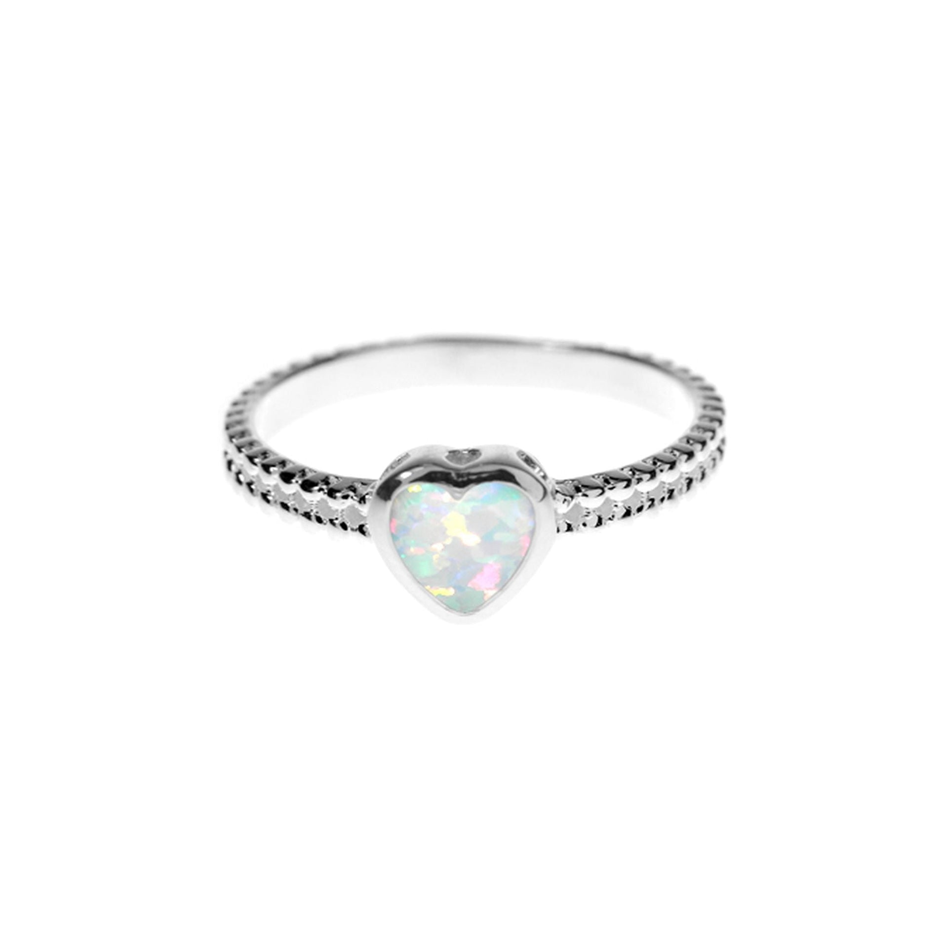 Angelica crimped band with white opalique heart ring