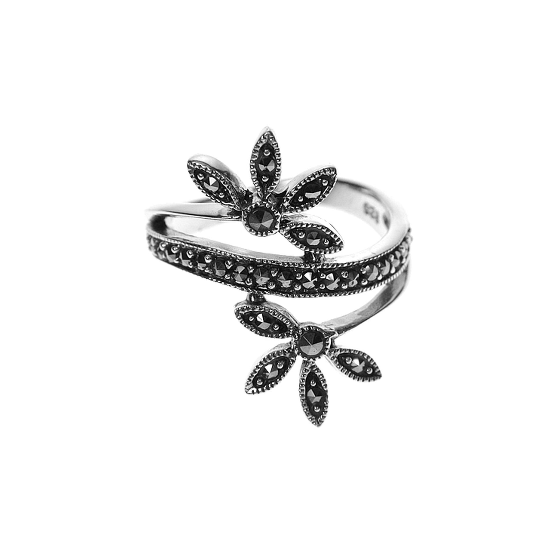 Studded marcasite ring with offset leaf sprig