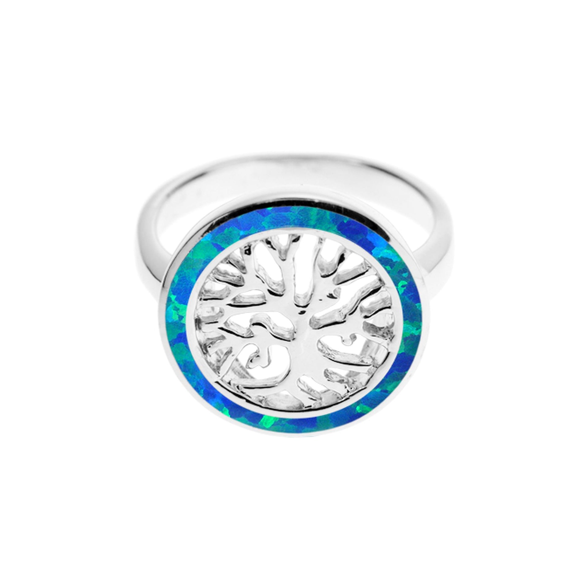 Tree of life ring with blue opalique surround