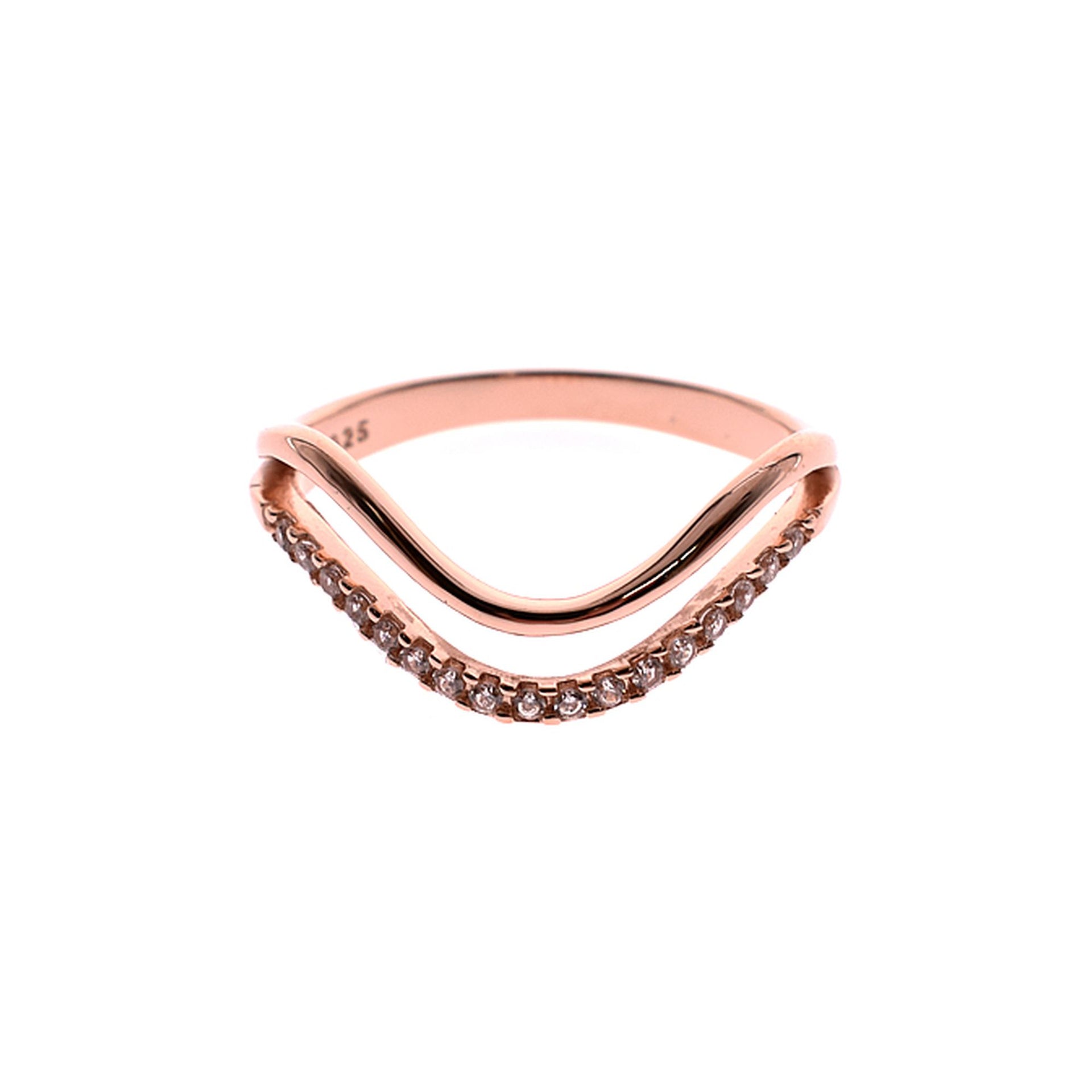 Rose gold plated double wave band ring with CZ