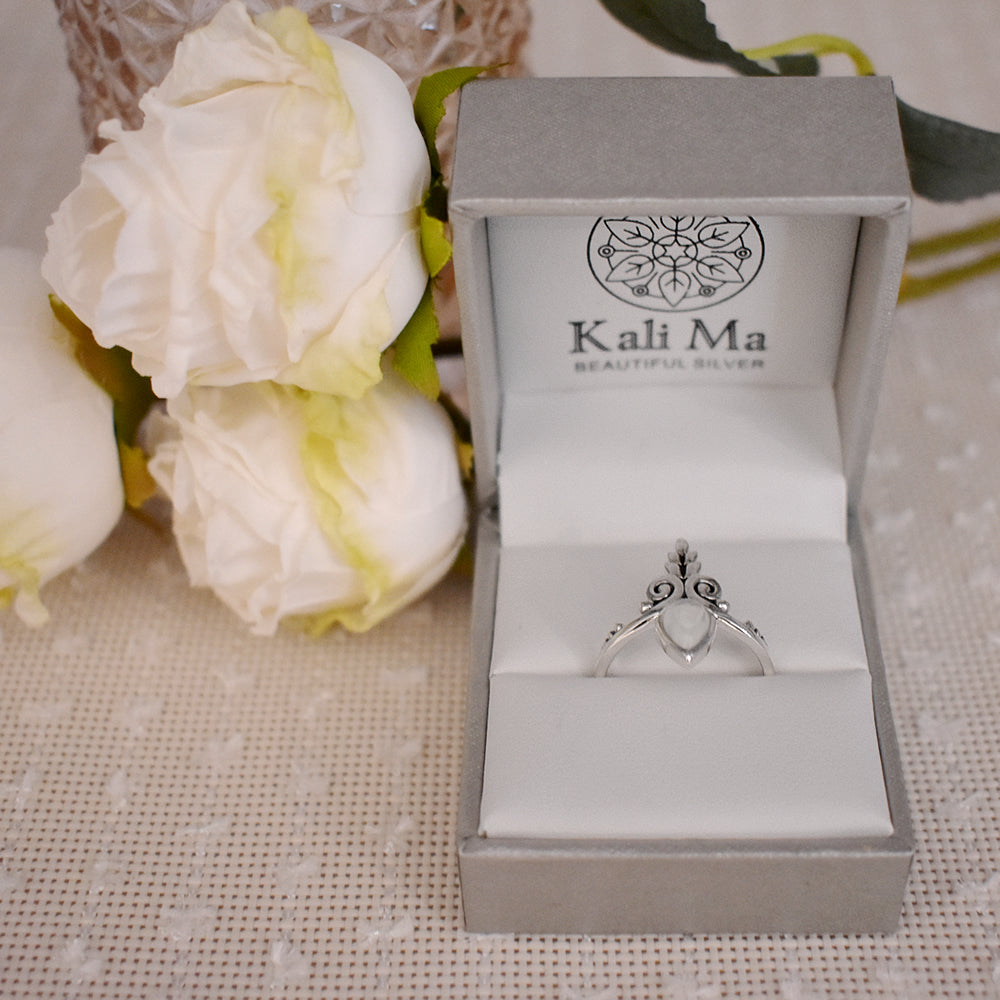 Catalina floral chevron rainbow moonstone teardrop ring