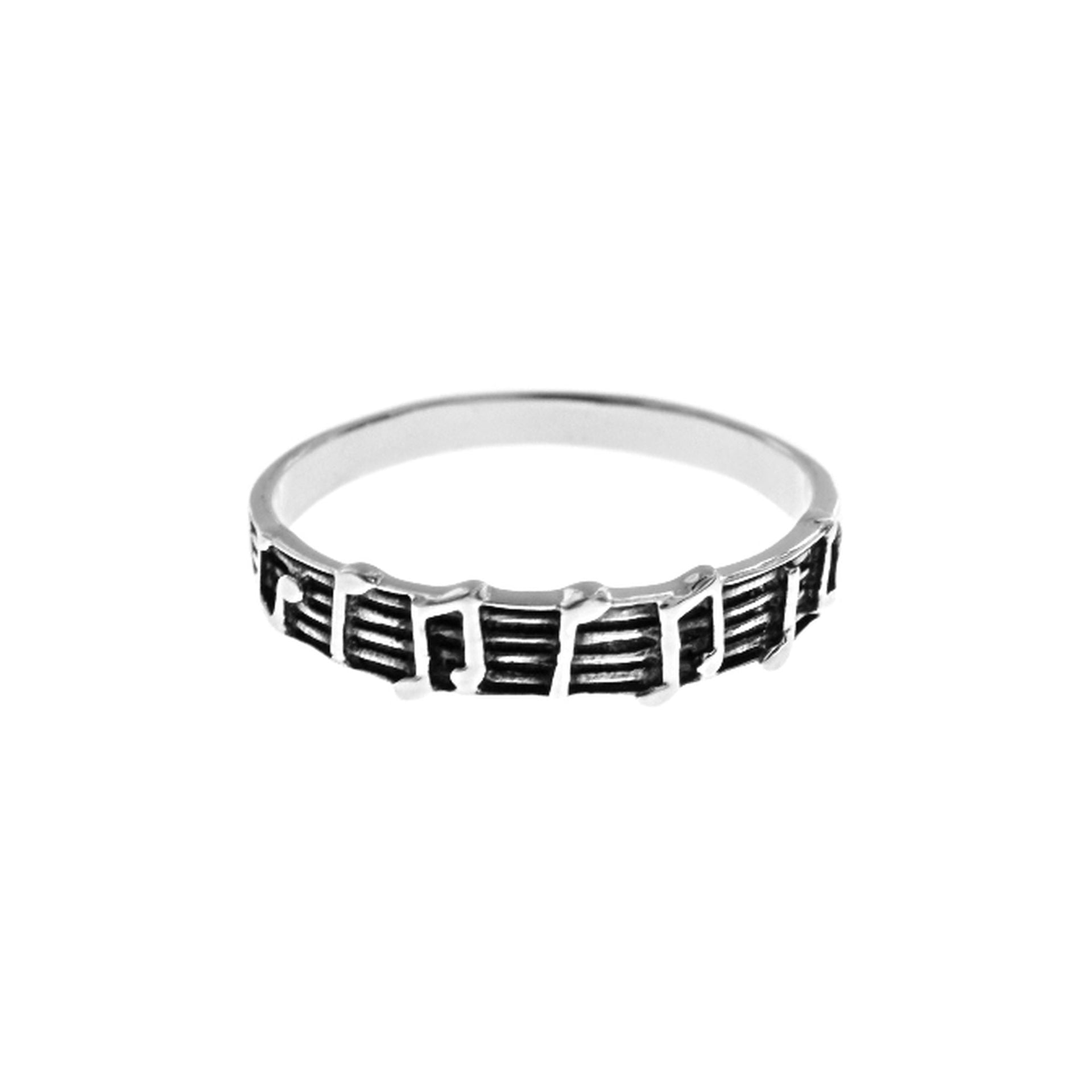 Erica oxidised musical stave band ring