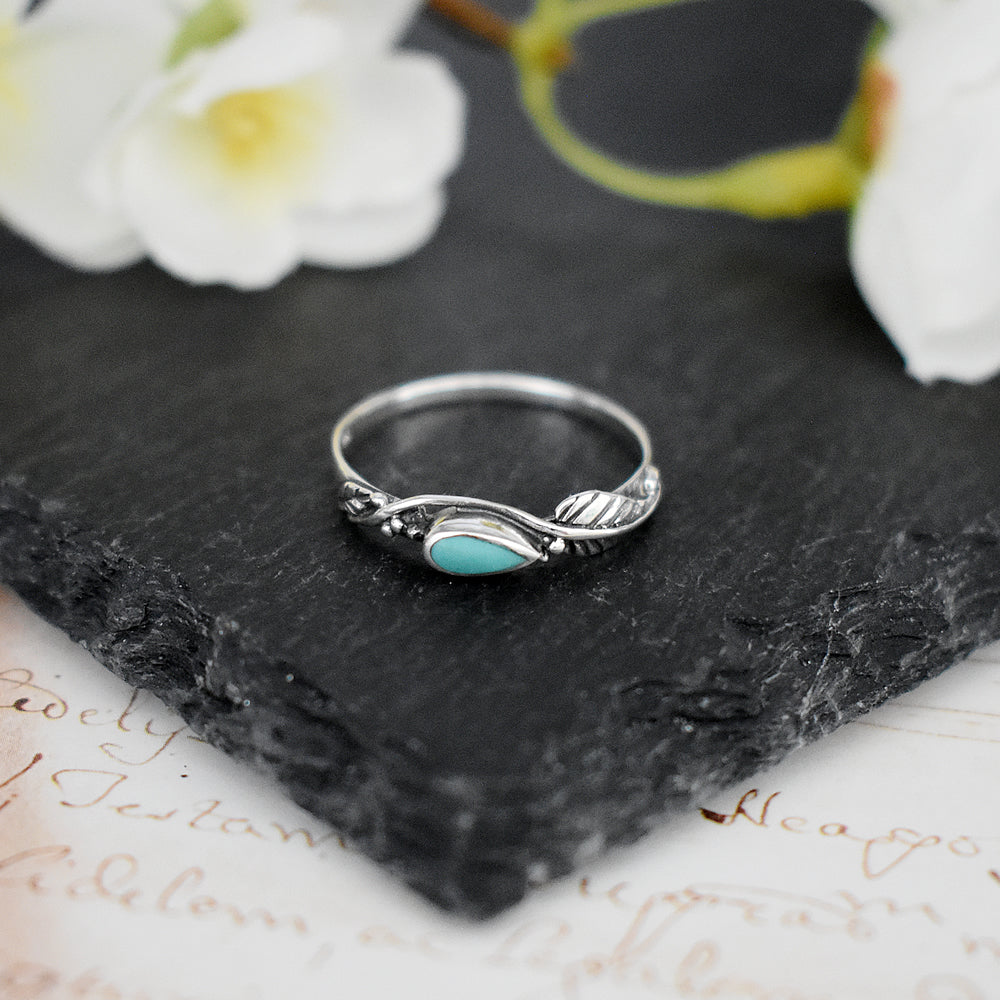 Zora teardrop turquoise wrapped leaf ring