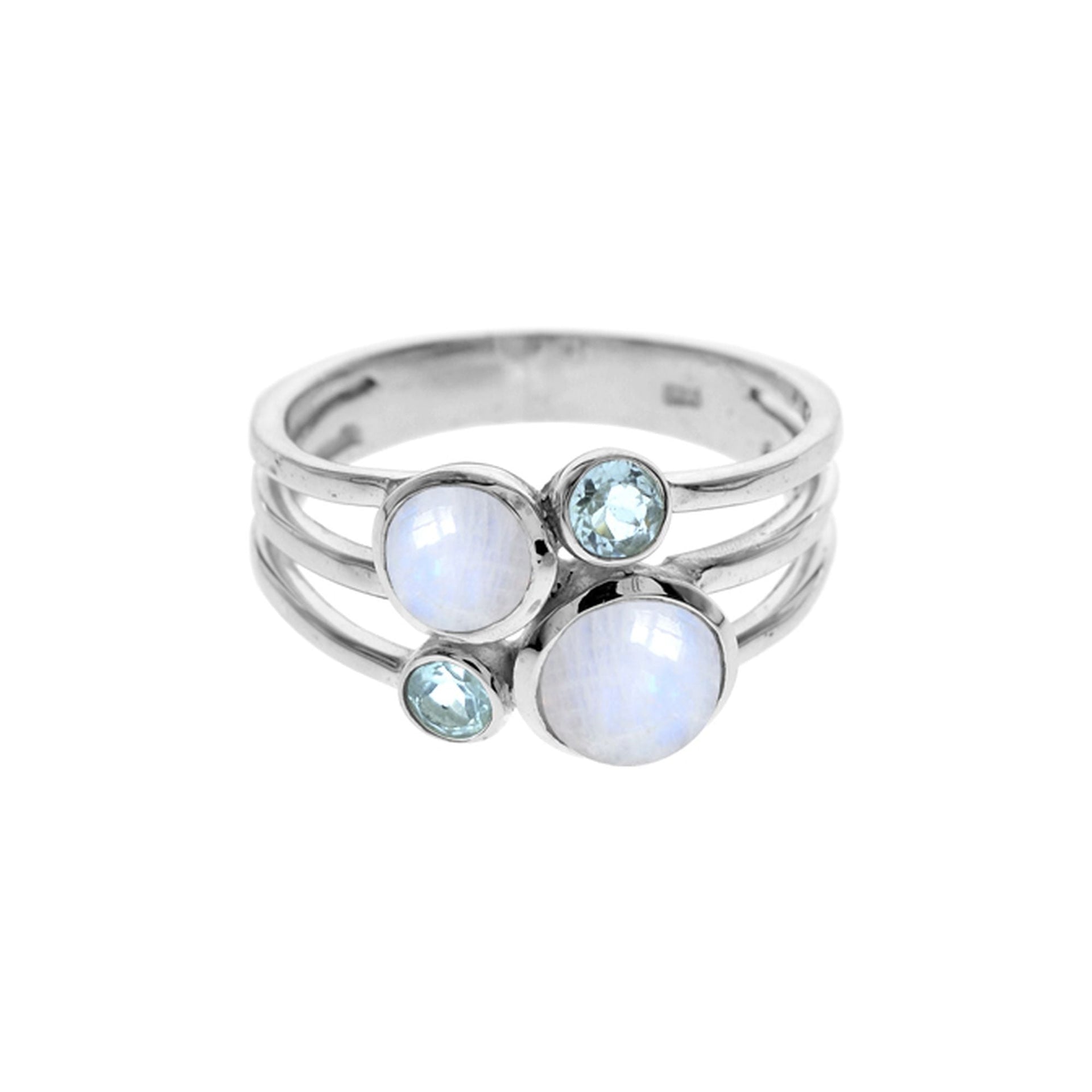 Ivy four rainbow moonstone & blue topaz split band ring