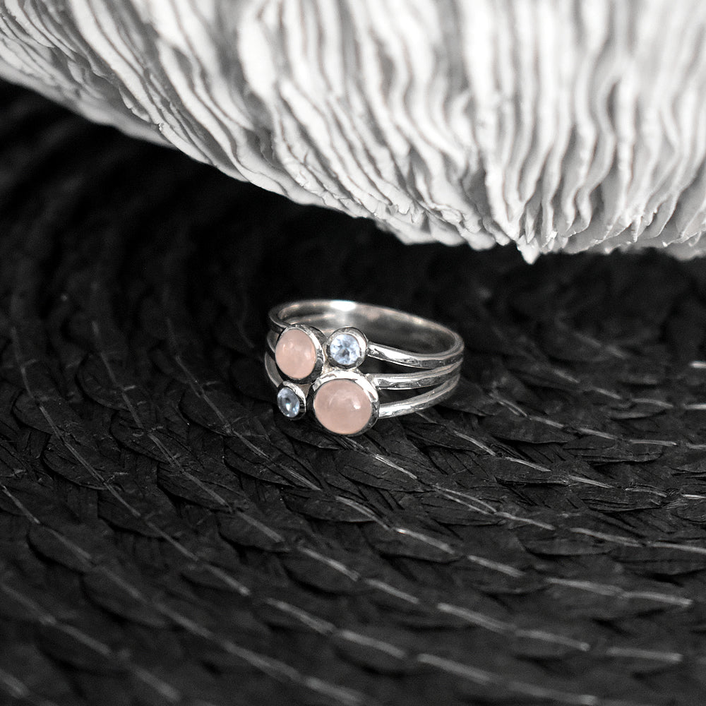 Ivy four stone rose quartz & blue topaz split band ring