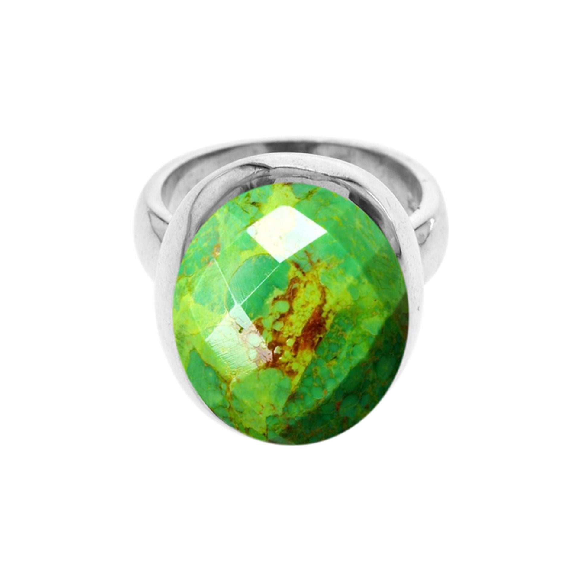 Large oval heavy chequer-cut green mohave turquoise ring