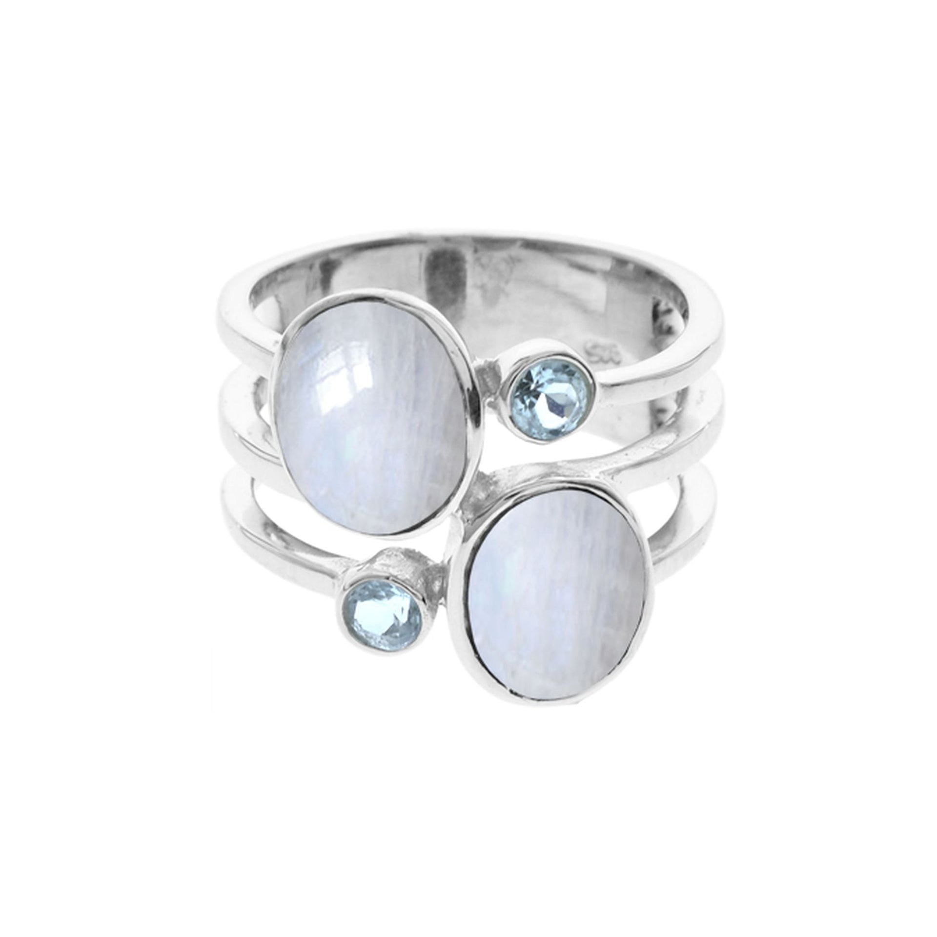 Amy rainbow moonstone & blue topaz split band ring