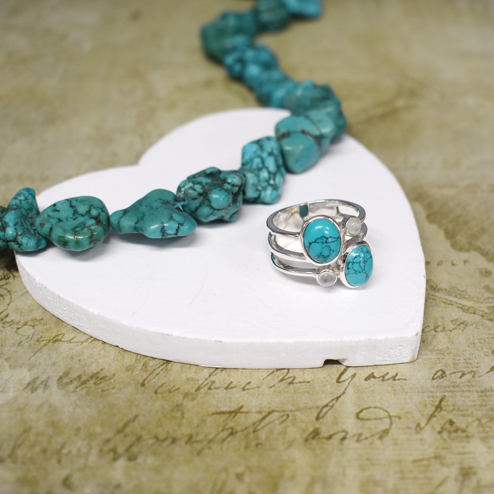 Amy turquoise & rainbow moonstone split band ring