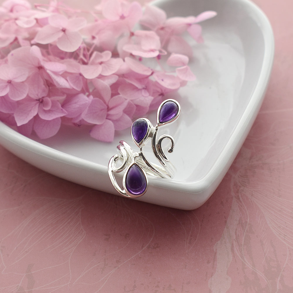 Ivy triple amethyst teardrop open swirl ring