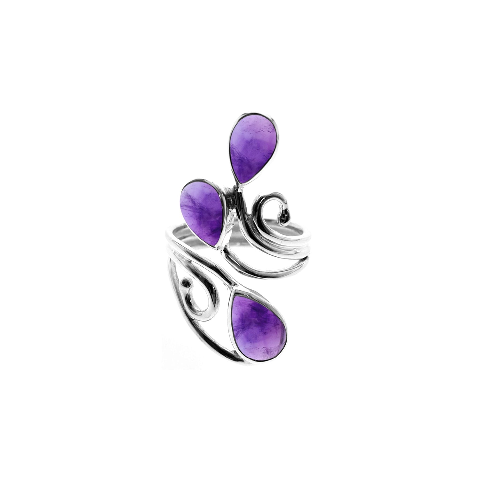 Ivy triple amethyst teardrop open swirl ring