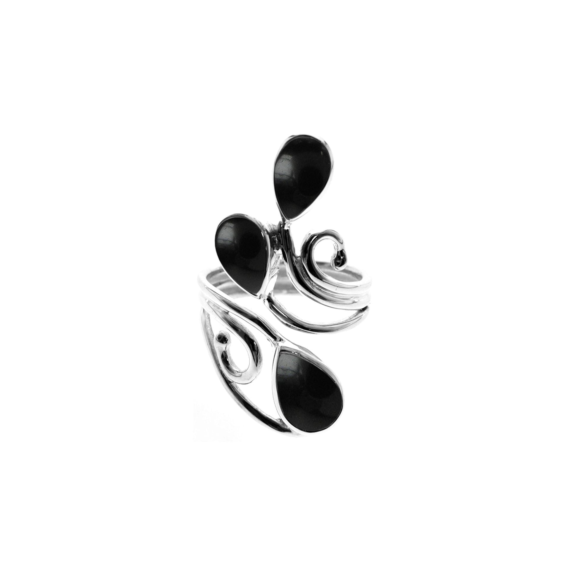 Ivy triple black onyx teardrop open swirl ring