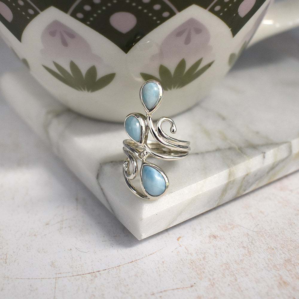 Ivy triple larimar teardrop open swirl ring