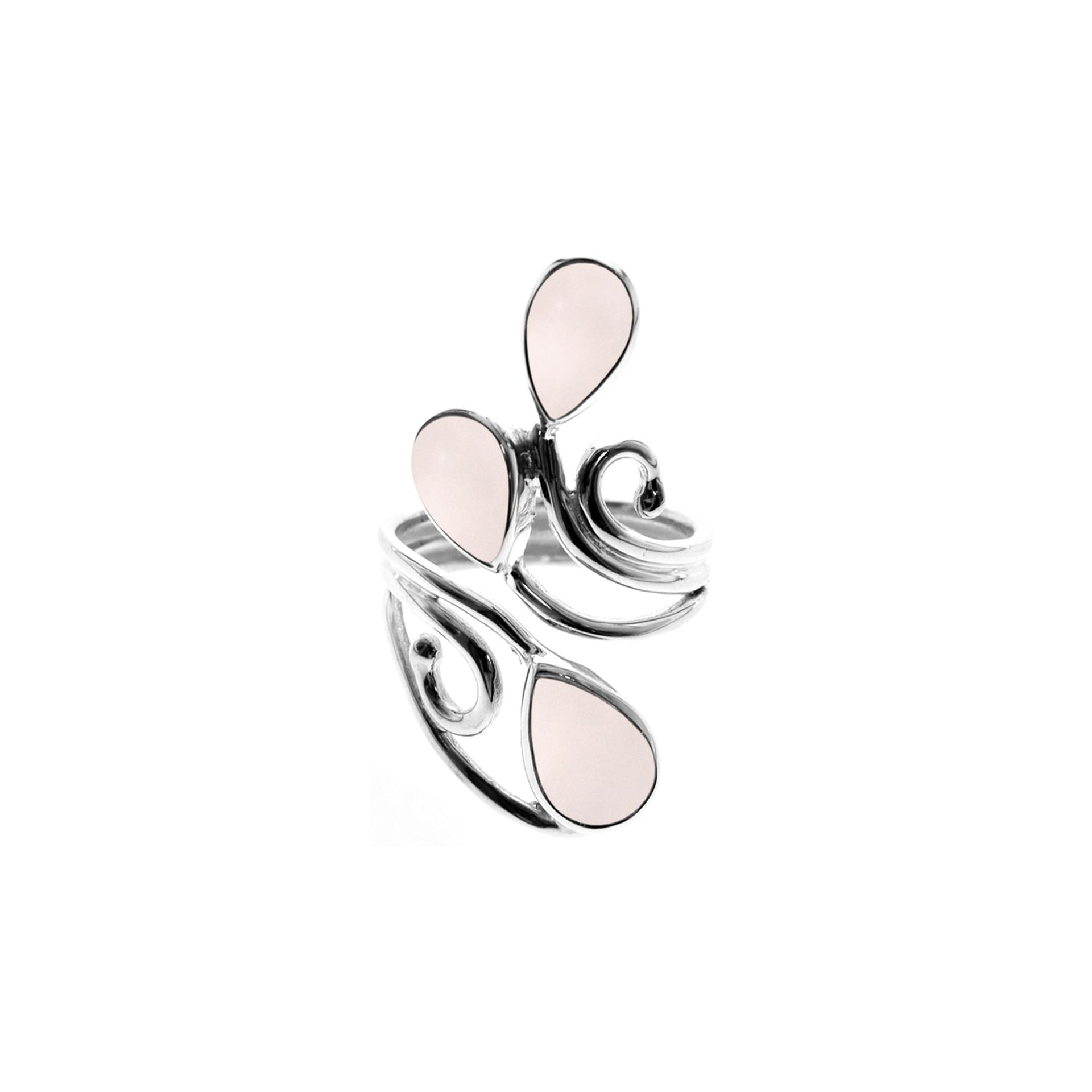 Ivy triple rose quartz teardrop open swirl ring