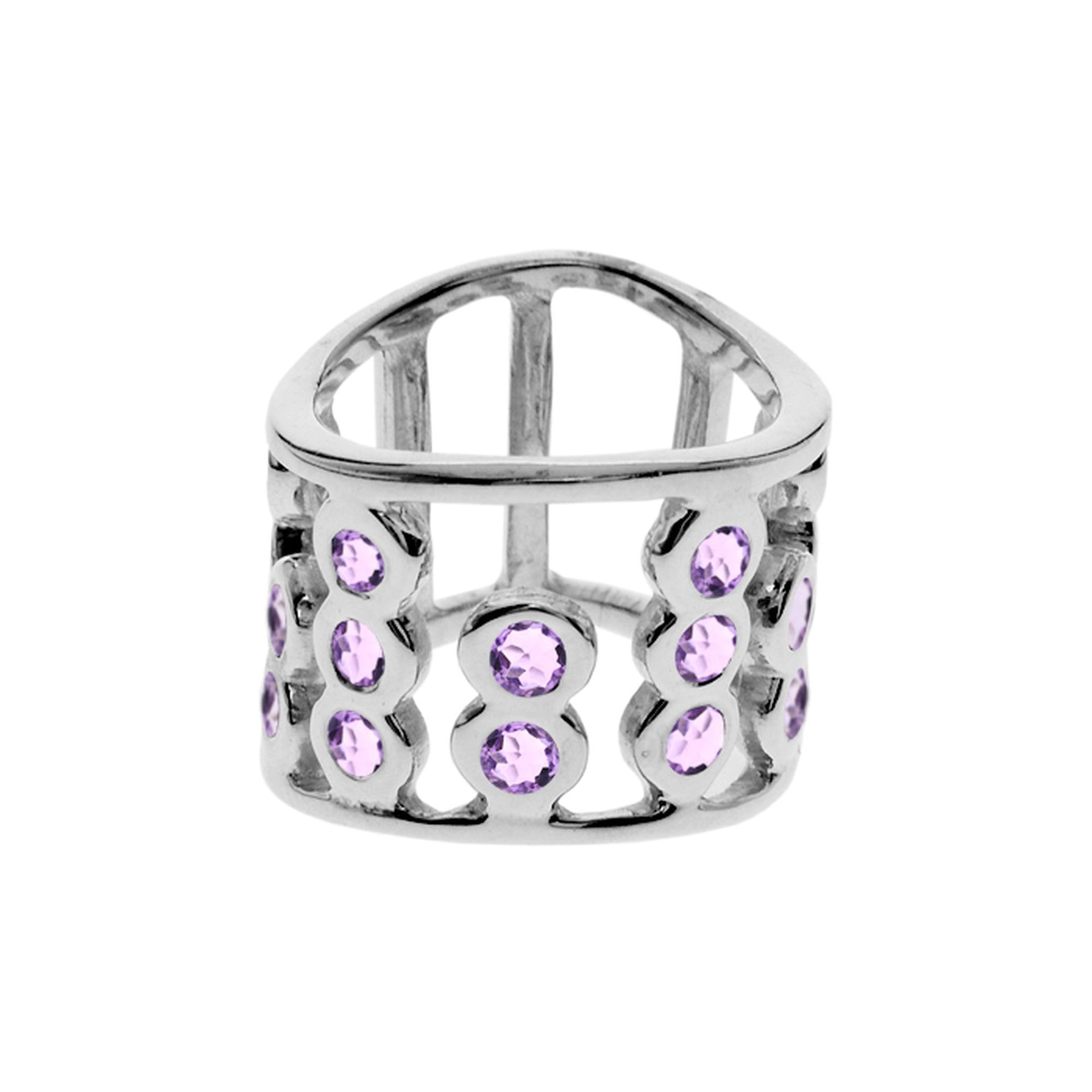 Abacus style wide band ring with faceted amethyst stones