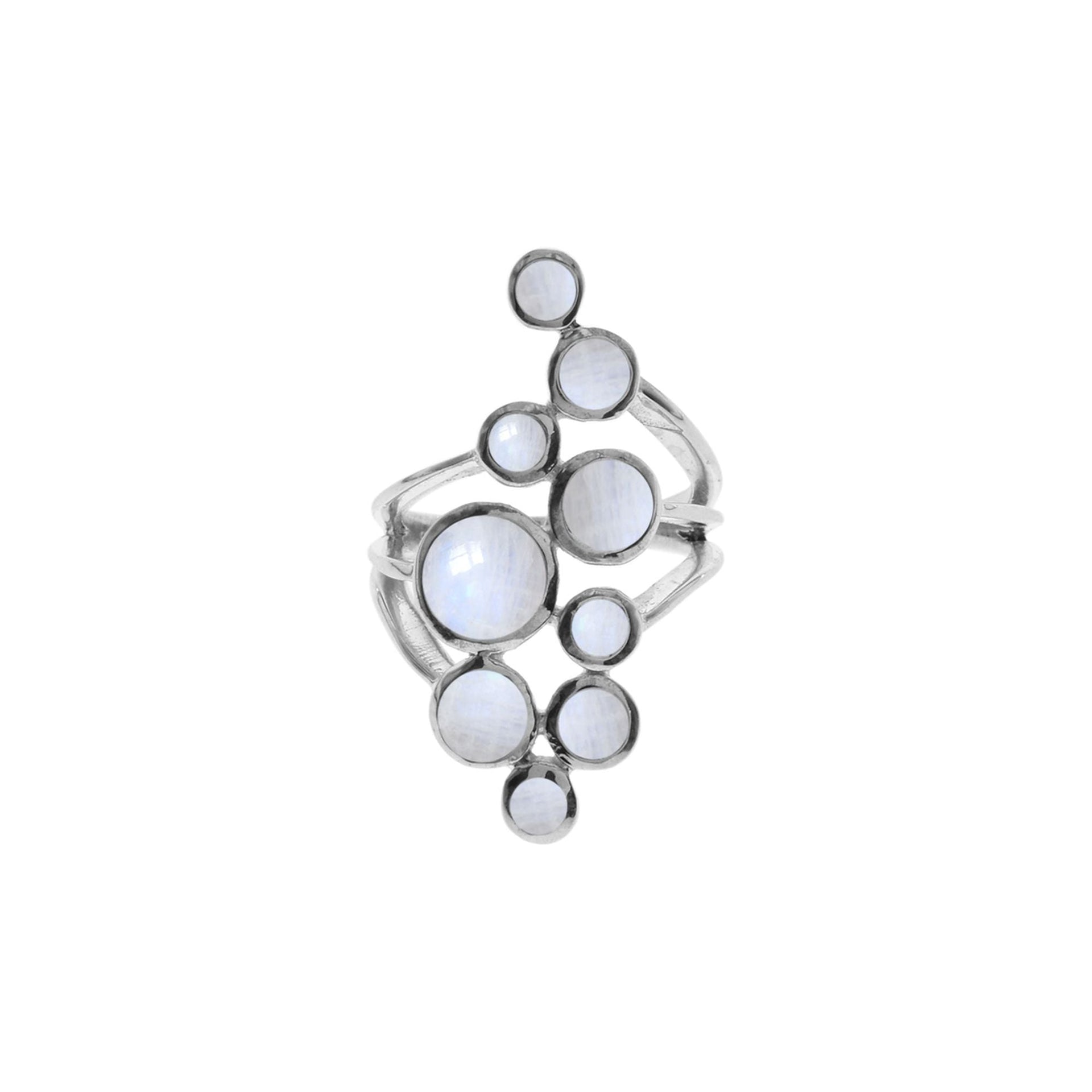 Lola nine stone split shoulder rainbow moonstone ring