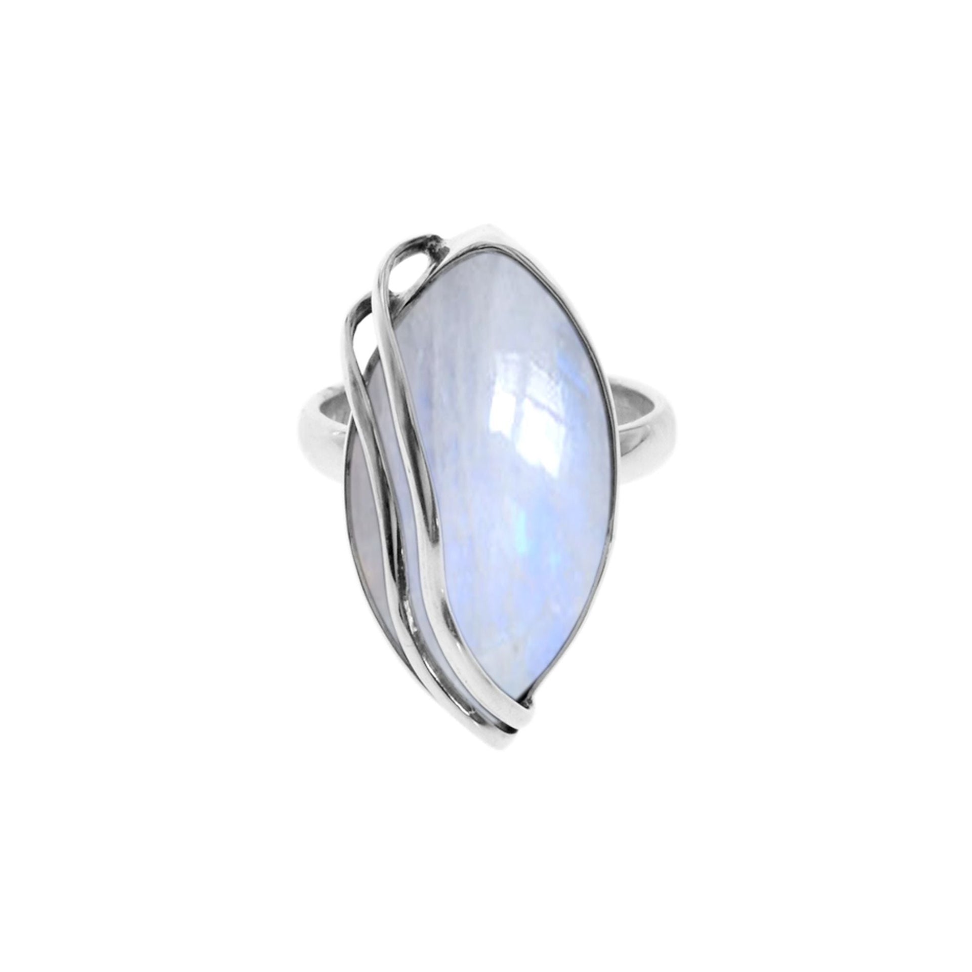 Amy large marquis rainbow moonstone with wire overlay ring