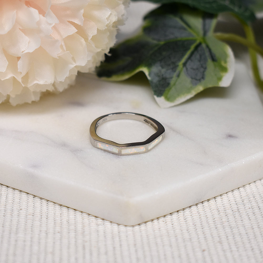 Celeste white opalique half hexagon ring