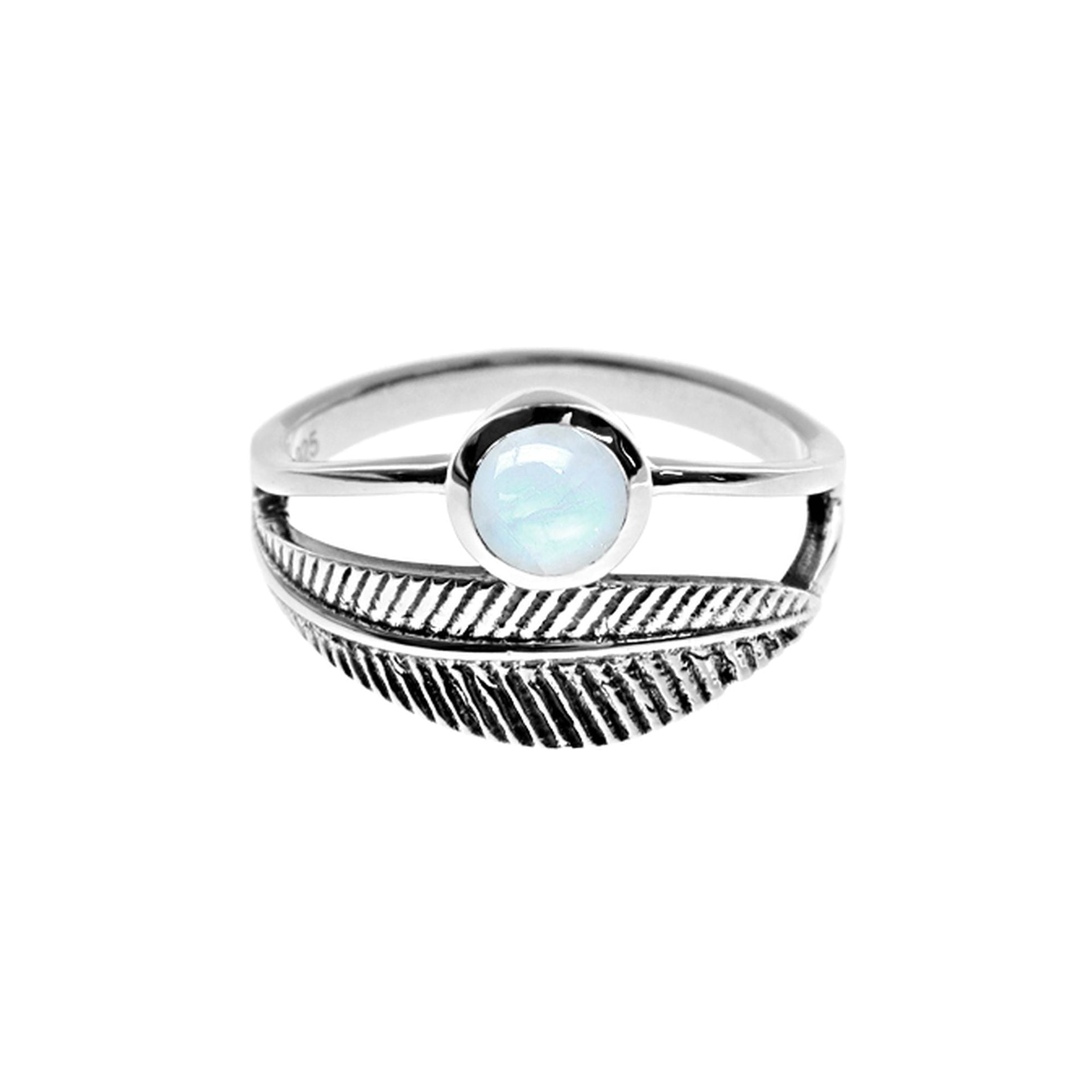 Catalina rainbow moonstone with wrapped feather ring
