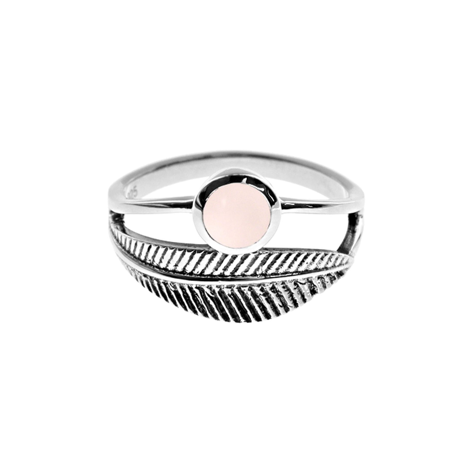 Catalina rose quartz with wrapped feather ring
