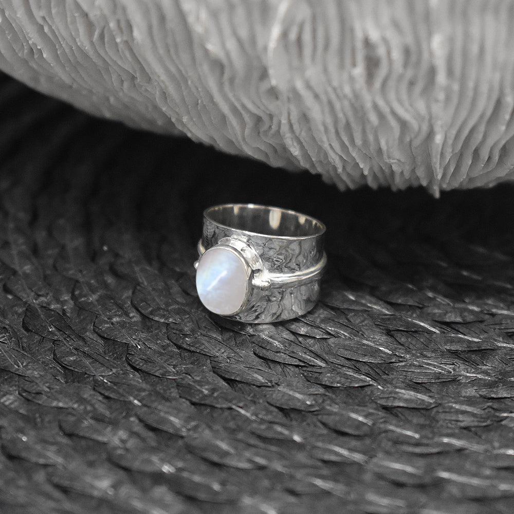 Lexi tapered band with oval rainbow moonstone ring