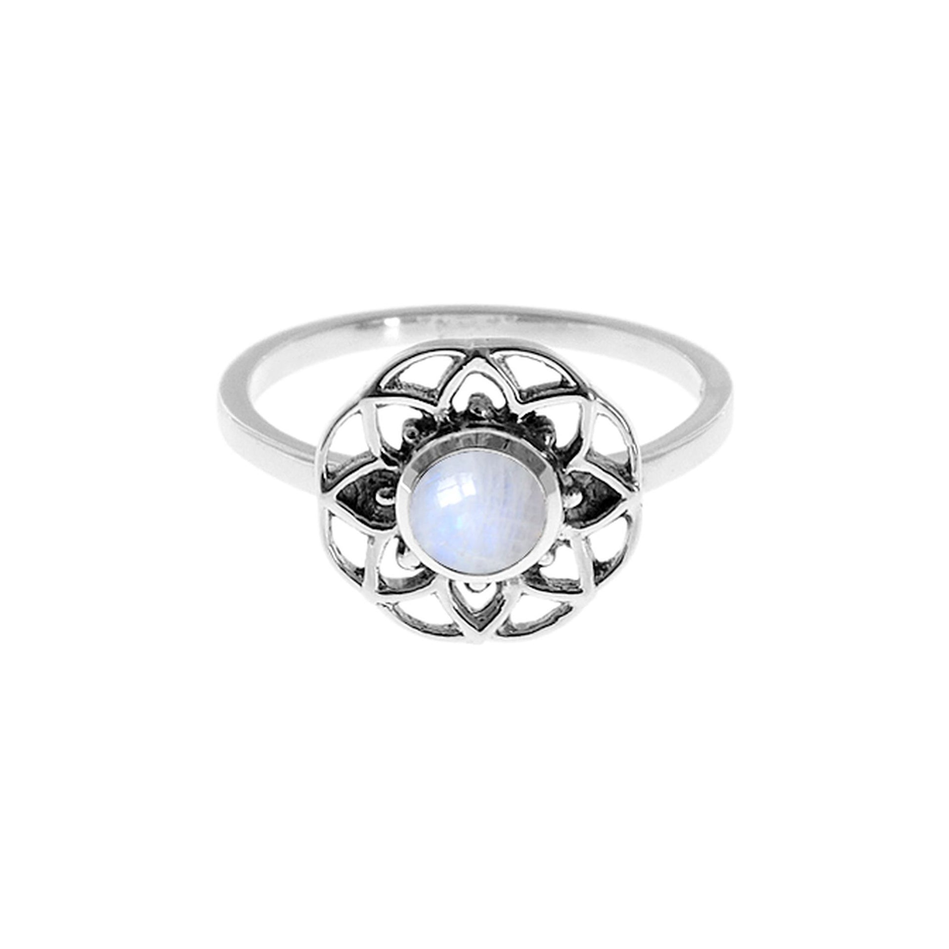 Catalina mandala ring with round rainbow moonstone