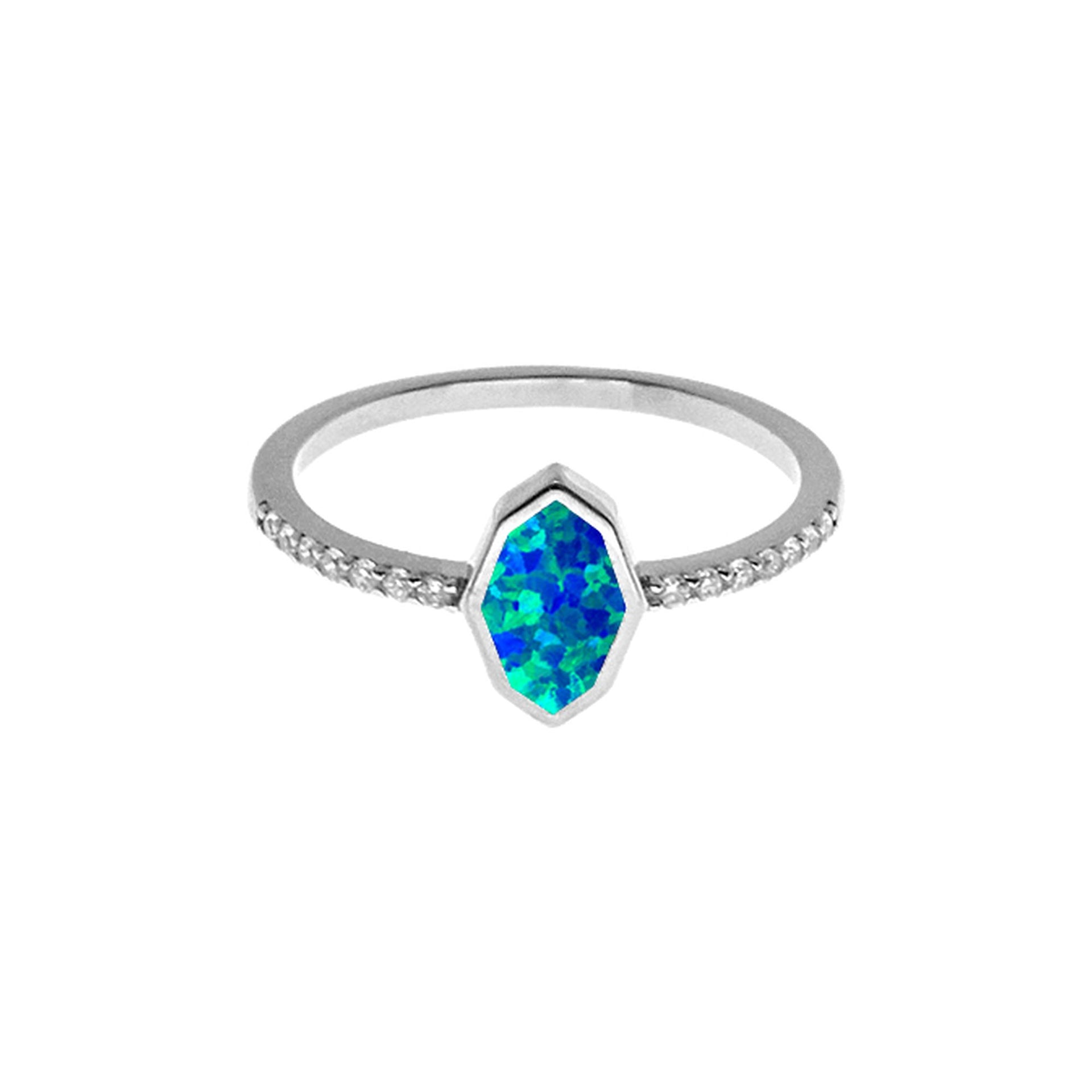 Alexis blue opalique octagon with CZ shoulder ring